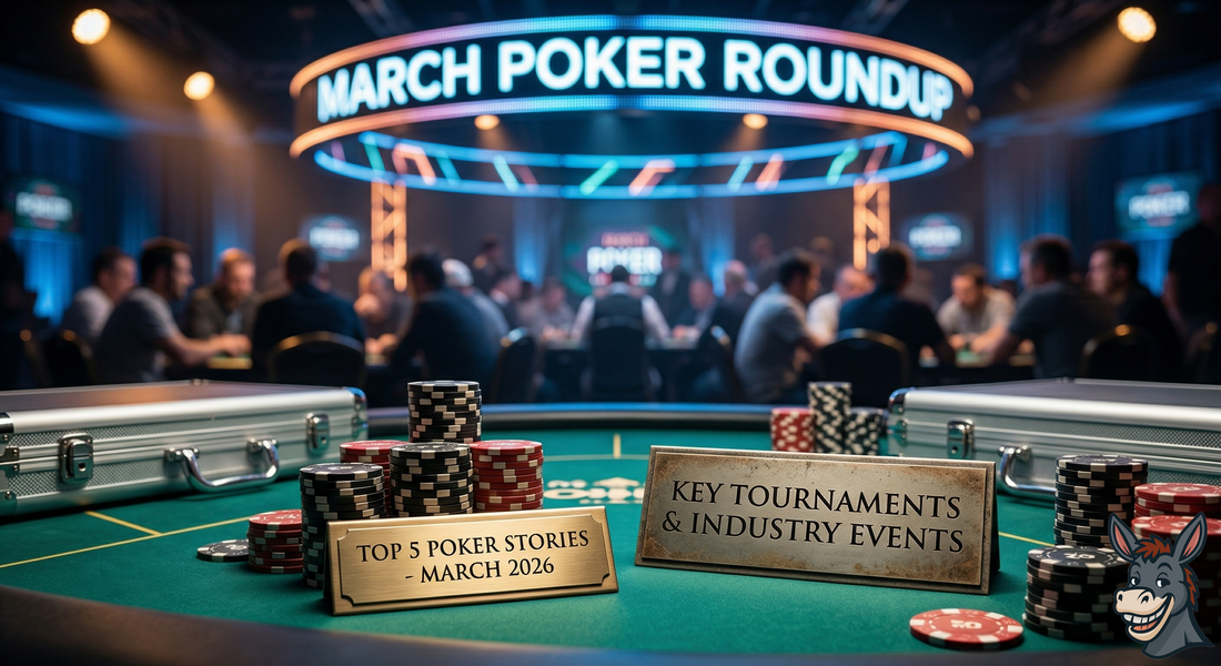 Professional poker tournament setting with chips and trophies representing the top poker news stories of March 2026.