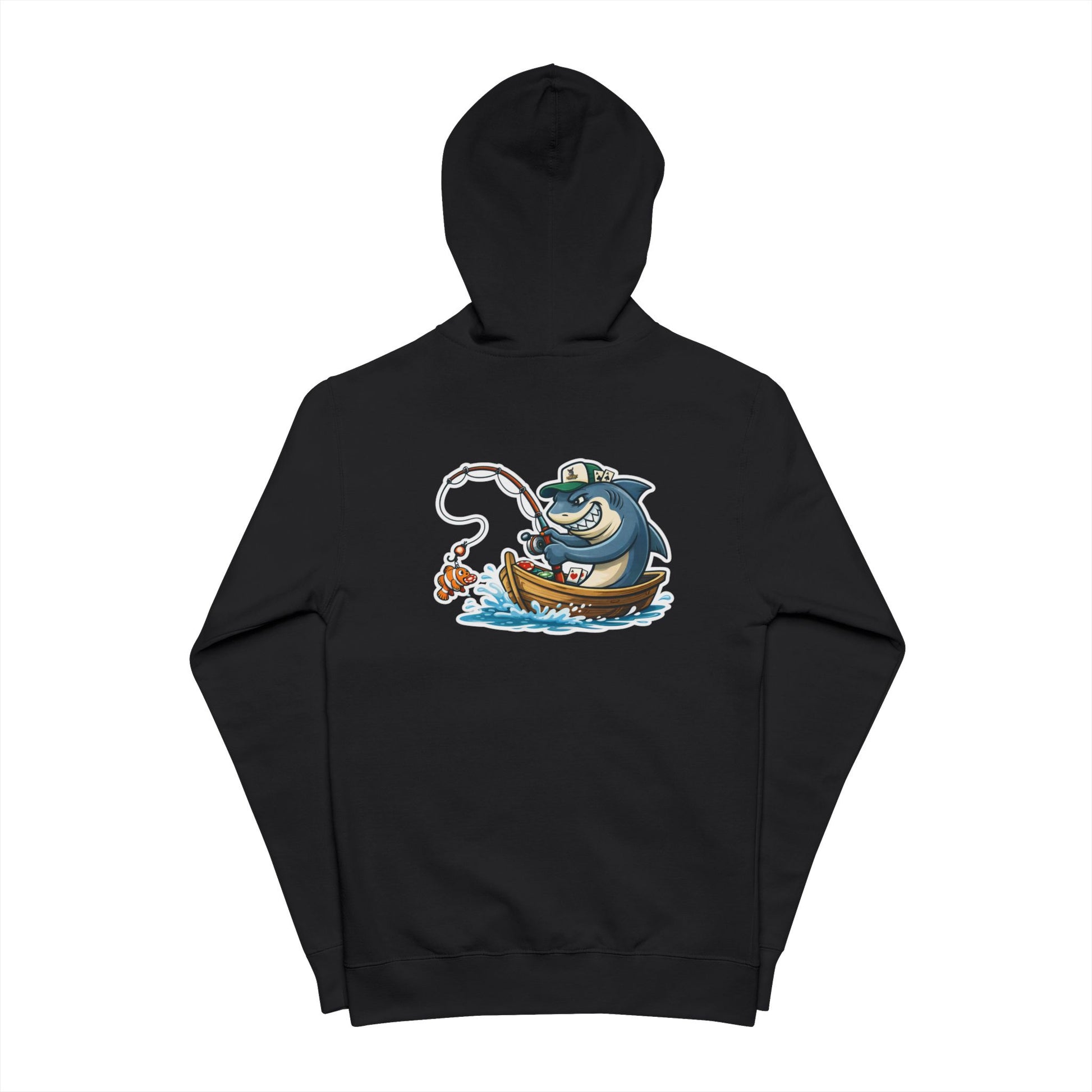 Back of black zip-up poker hoodie featuring an original 'Gone Fishin' illustration of a shark in a boat catching a fish with a poker chip.