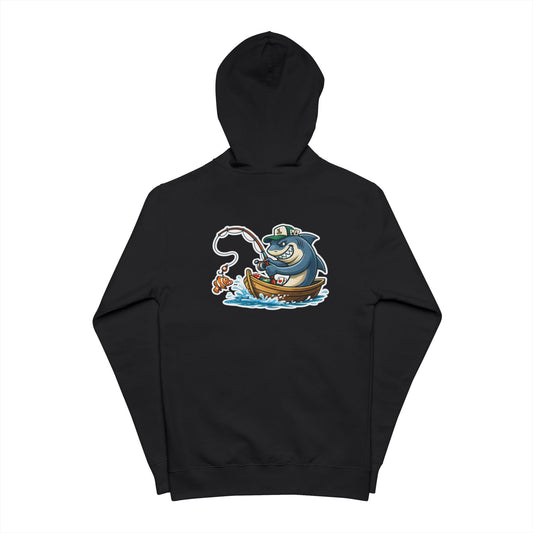 Back of black zip-up poker hoodie featuring an original 'Gone Fishin' illustration of a shark in a boat catching a fish with a poker chip.