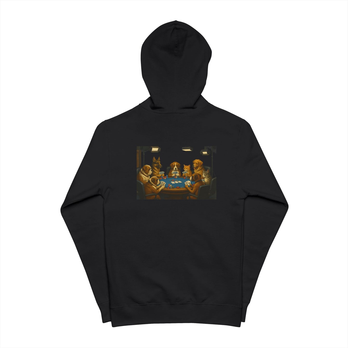 Vivid custom illustration of dogs playing poker with a suspicious cat on the back of a black zip-up hoodie.