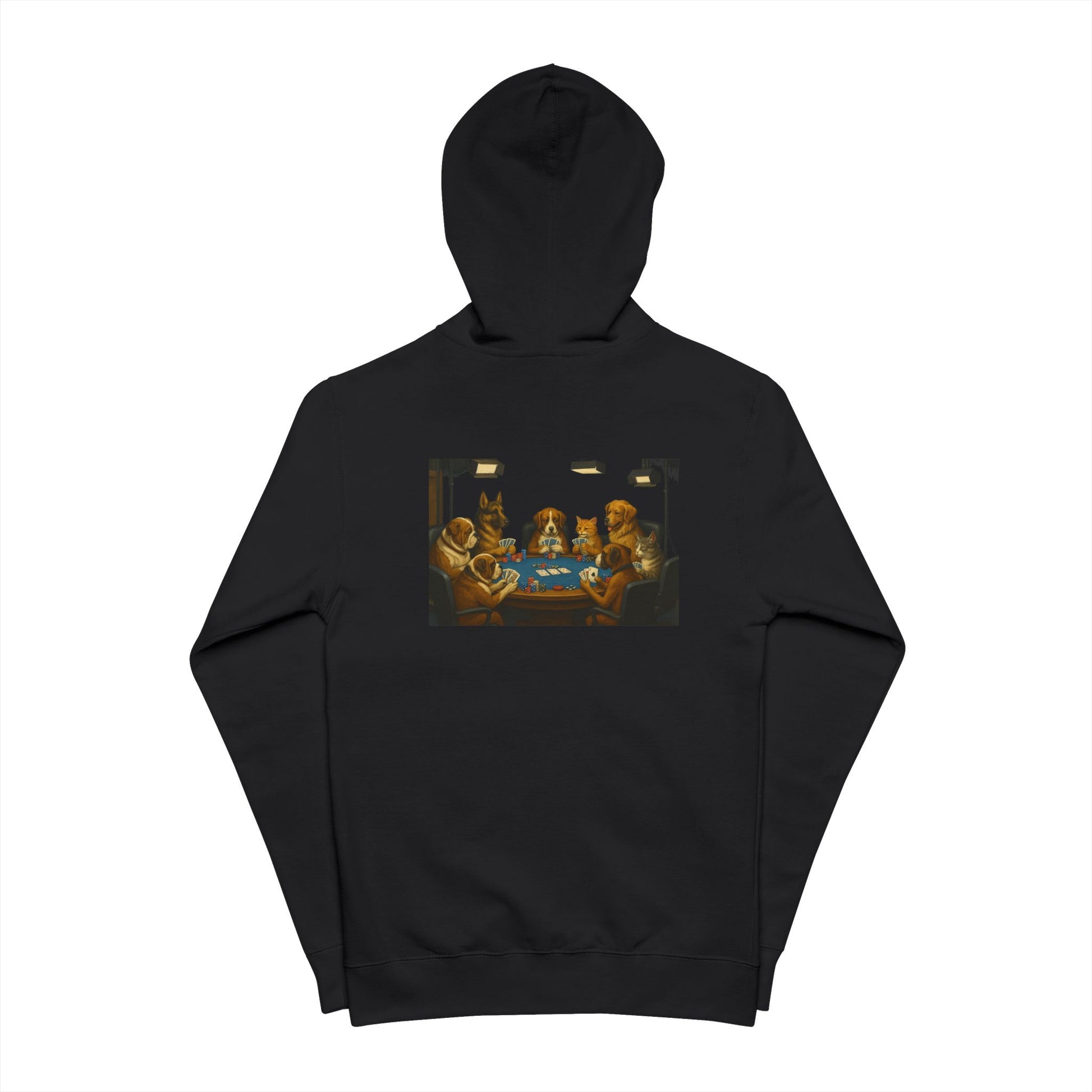 Vivid custom illustration of dogs playing poker with a suspicious cat on the back of a black zip-up hoodie.