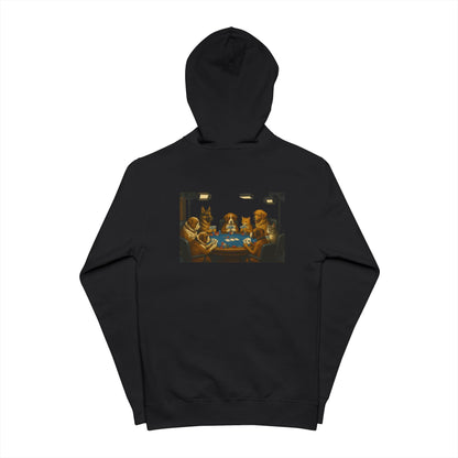 Vivid custom illustration of dogs playing poker with a suspicious cat on the back of a black zip-up hoodie.