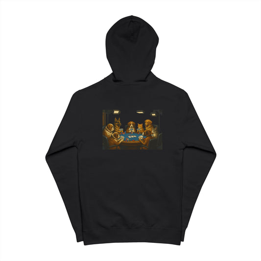 Vivid custom illustration of dogs playing poker with a suspicious cat on the back of a black zip-up hoodie.