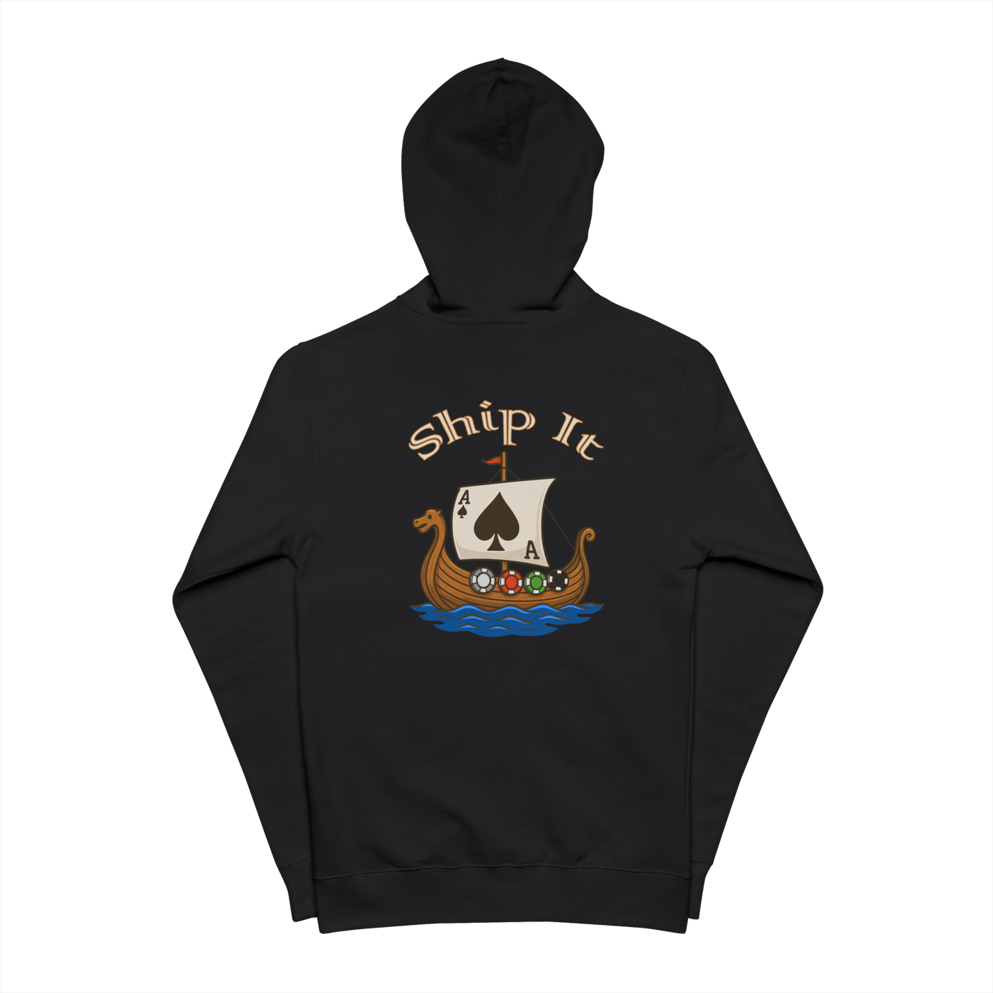 Viking longship with Ace of Spades sail and poker chip shields on the back of a black zip-up poker hoodie