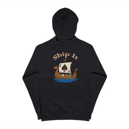 Viking longship with Ace of Spades sail and poker chip shields on the back of a black zip-up poker hoodie