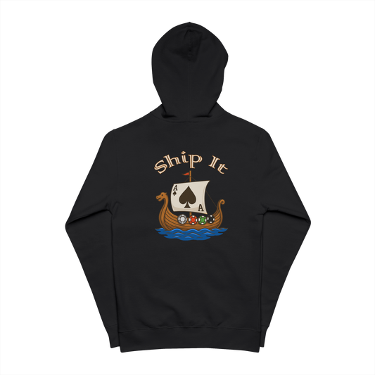 Viking longship with Ace of Spades sail and poker chip shields on the back of a black zip-up poker hoodie